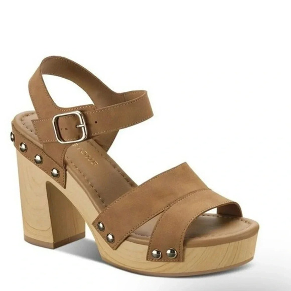 Sun + Stone Womens Delestep Tan Faux Leather Ankle Strap Block Heels Size 9 - Picture 1 of 11